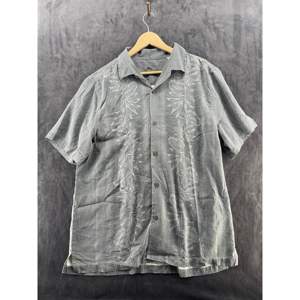 Tommy Bahama Men‎ XL Gray 100% Silk Hawaiian Camp Shirt Floral Embroidered